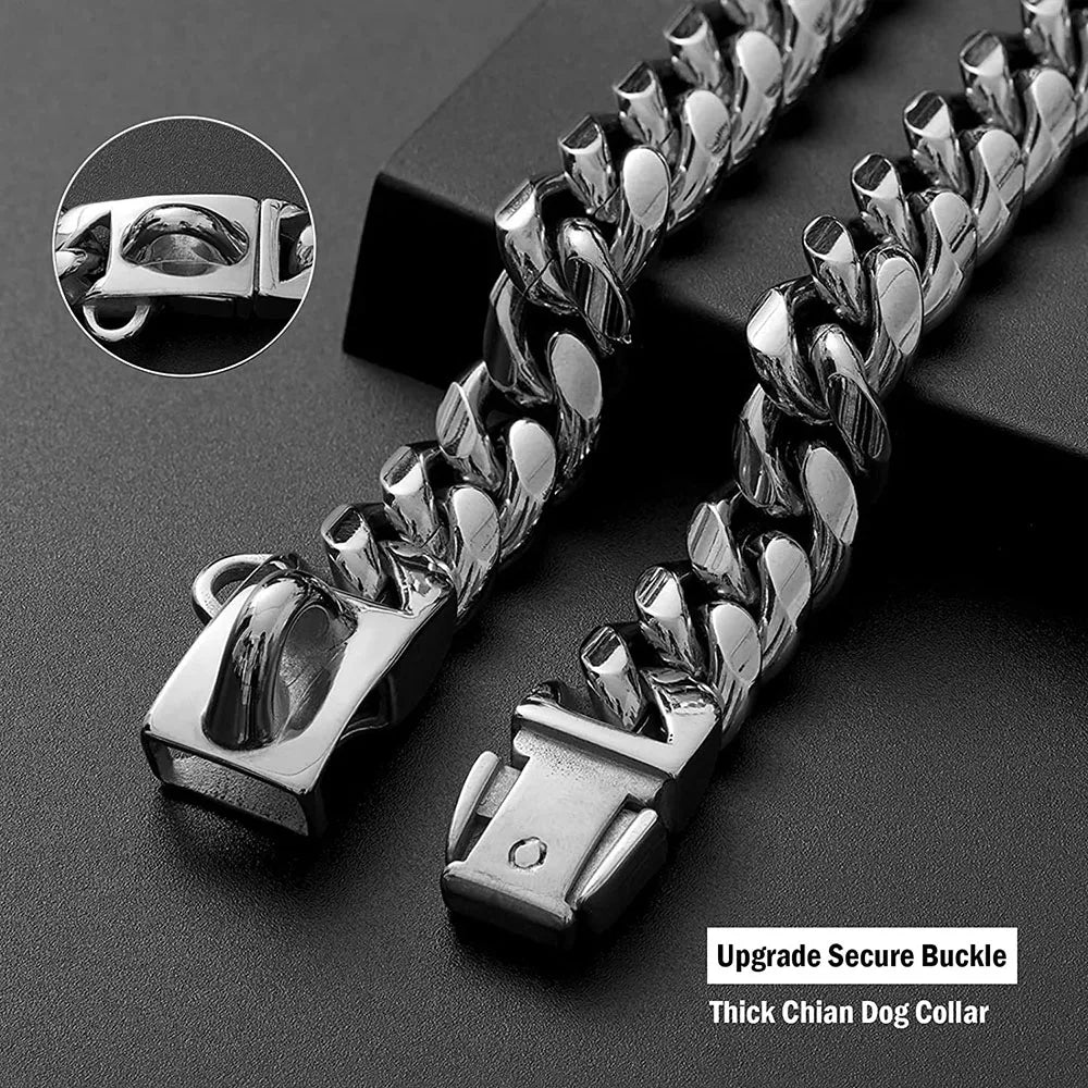 Gold Dog Chain Collar 15mm Stainless Steel Cuban Link Chain Strong Heavy Duty Chew Proof Dog Necklace with Buckle for Dogs