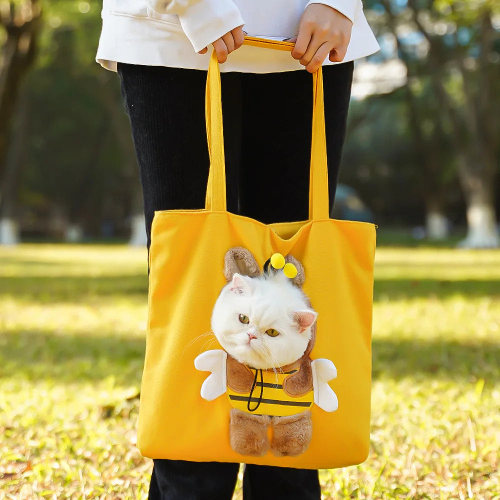 Pet Canvas Shoulder Bag Bee Rabbit Dinosaur Shape Cute Cat Carrier Portable Shoulder Carrying Bag Chest Cat Bag Outdoor Cat Tote