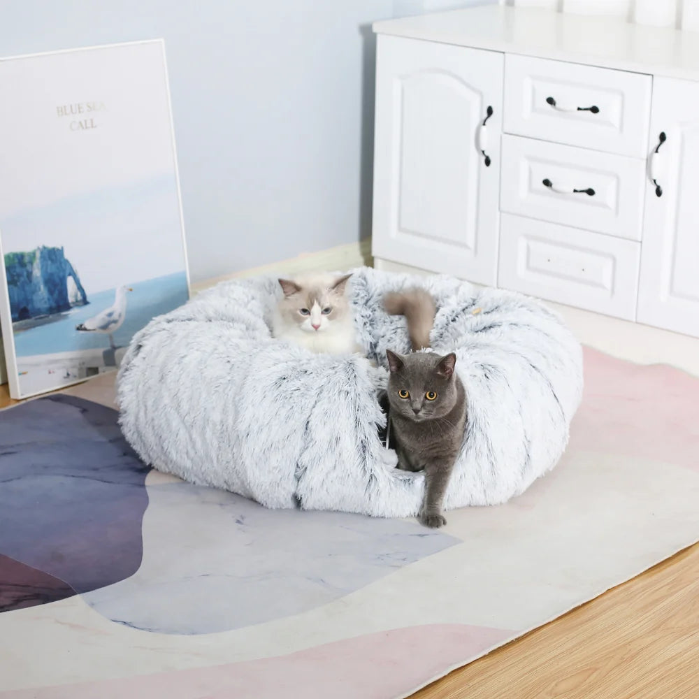 Plush Pets Cat Kennel Gray Foldable Round Cats Nest Crossing Tunnel Bed Winter Warm Collapsible Basket Cushion Mat Pet Supplies