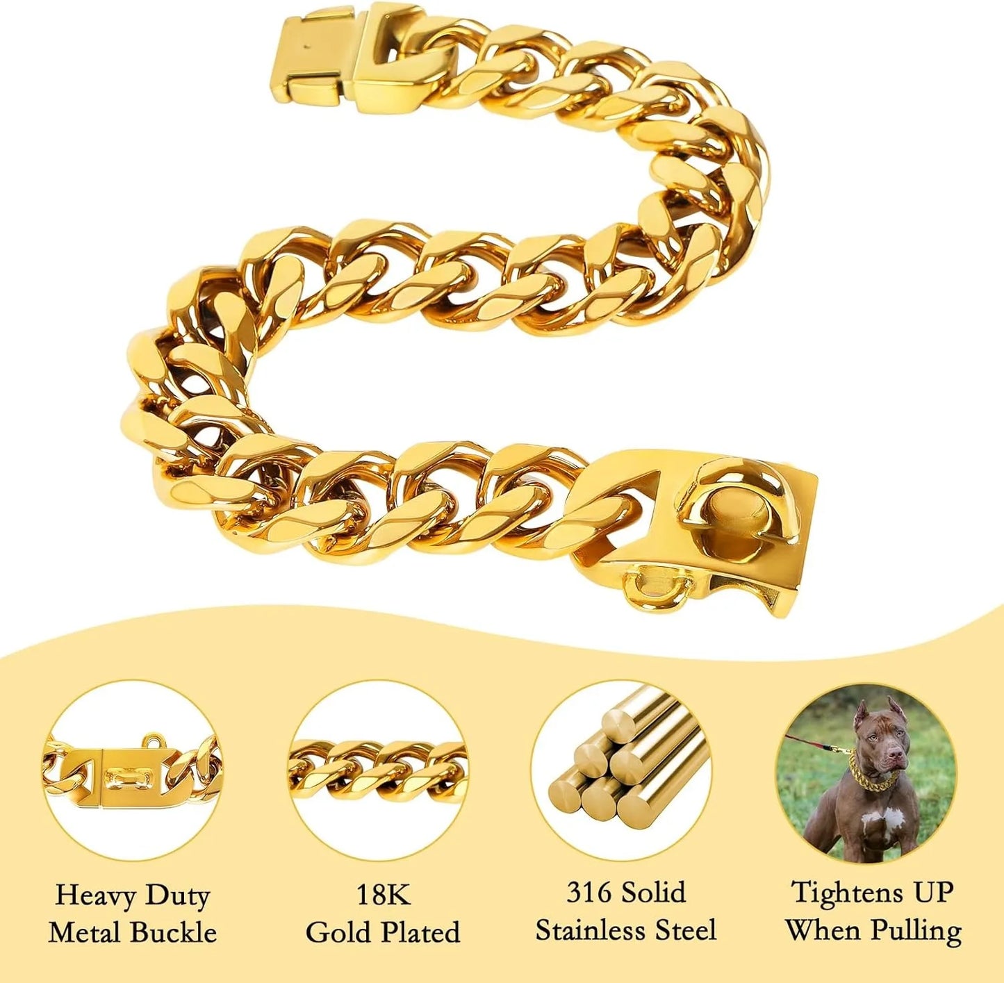 23MM Gold Dog Collar,Dog Chain Collars with Cuban Link Dog Collar,Heavy Duty Training Collar Chew Proof for Medium Dogs