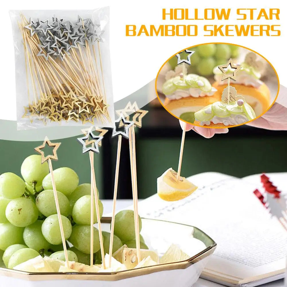 50Pcs Hollow Star Bamboo Skewers Disposable Insert Cocktail Fruit Toothpick Stick Christmas Picks Party Buffet Decor X1J5
