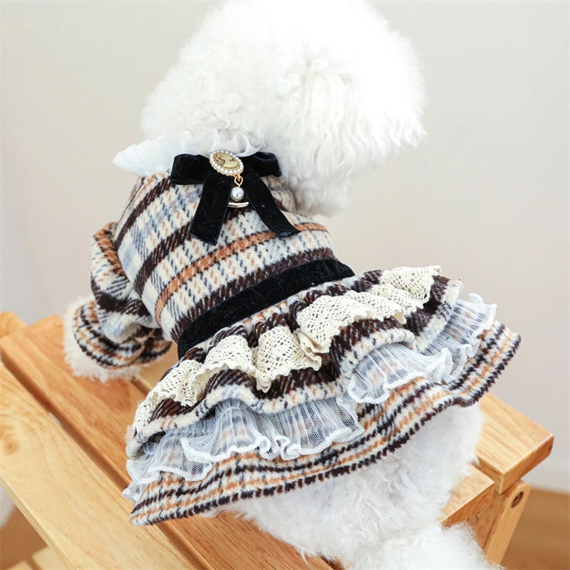 High Collar Small Dog Clothes Plaid Woolen New Year Autumn Winter Brown Overalls for Cats Maillard Fashion Girl Chihuahua Dress