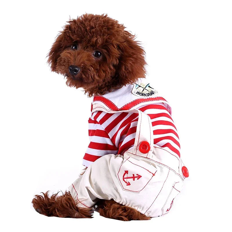 Anchor Navy Costume Dog Jumpsuit for Small Dogs, Puppy Stripe Shirt with Pants Overalls Seaman Outfits Autumn Chihuahua Clothes