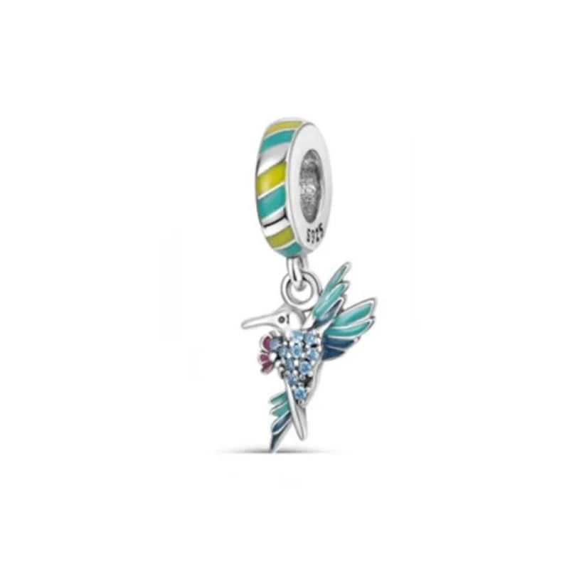 2024 New Spring Blue Flower Bird Pendant Diy Bead Fit European Bracelet 925 Sterling Silver Jewelry Accessories