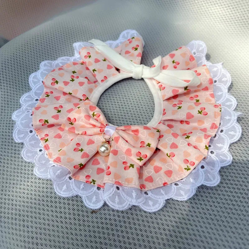 Puppy Cat Scarf for Cats, Hairless Cat Lace Bibs with Pearl Bows Neck Strap, Pet Costume Accessories Plaid Dots Floral Pattern