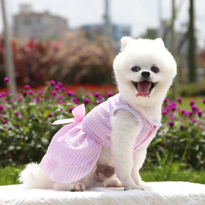 Bow Tie Decorate Dog Fancy Dress Stripes and Lattice Pink Pet Skirt Sleeveless Girl Wedding Party Pet Skirt Clothing for Cats