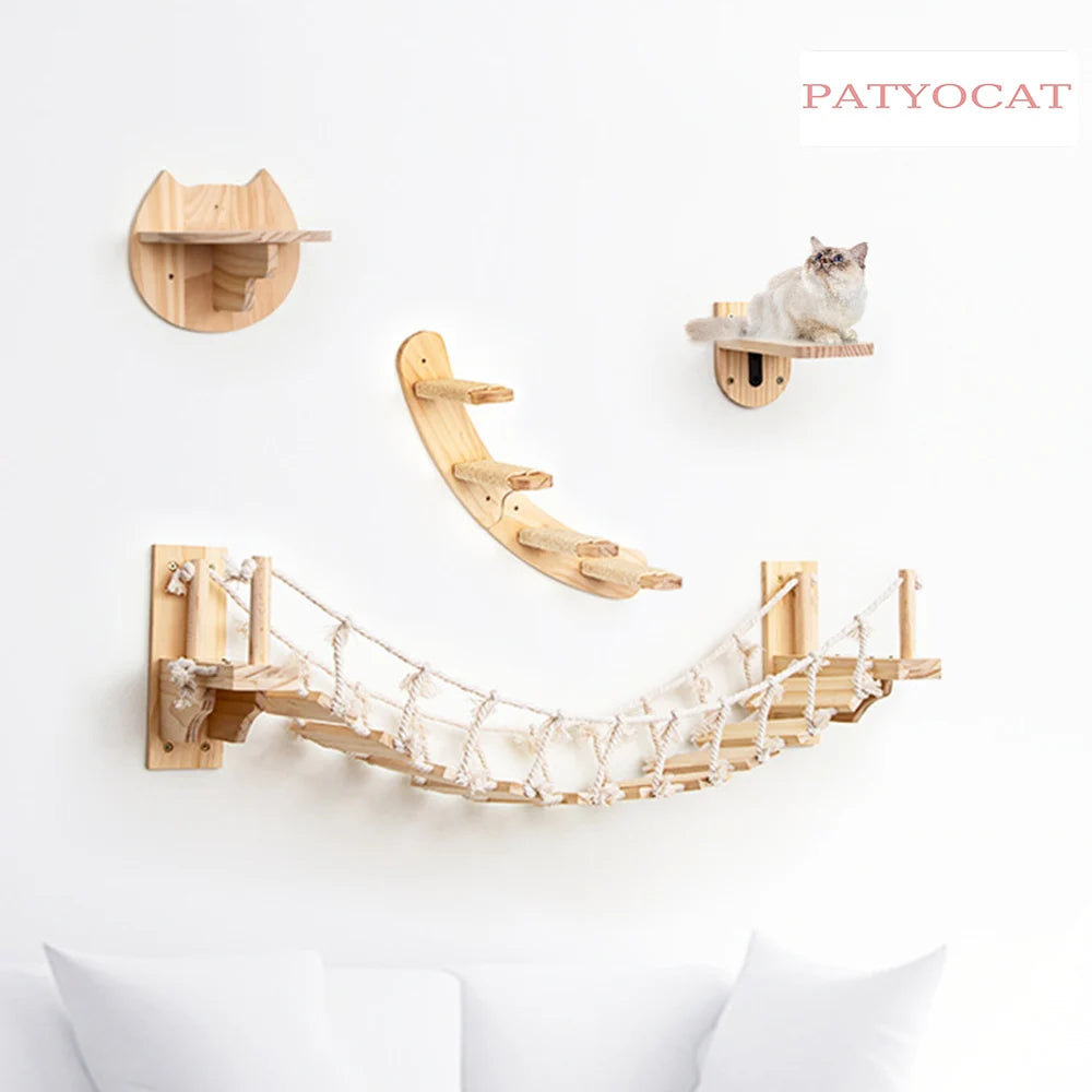 Cat Wall Mounted Climbing Shelves Bridge For Tree Cat Scratching Post Wooden Stairway Shelves Sisal Ladder Cat Climbing Frame