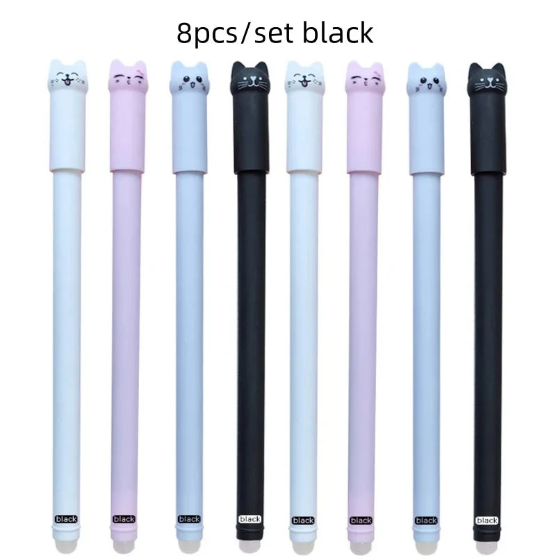 4/8/12pcs Creative Cat Erasable Gel Pens Set 0.5mm Washable Handle Magical Blue/Black Ink Erasable Refills Rod Writing Stationer