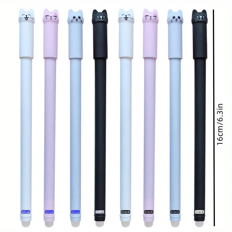 4/8/12pcs Creative Cat Erasable Gel Pens Set 0.5mm Washable Handle Magical Blue/Black Ink Erasable Refills Rod Writing Stationer