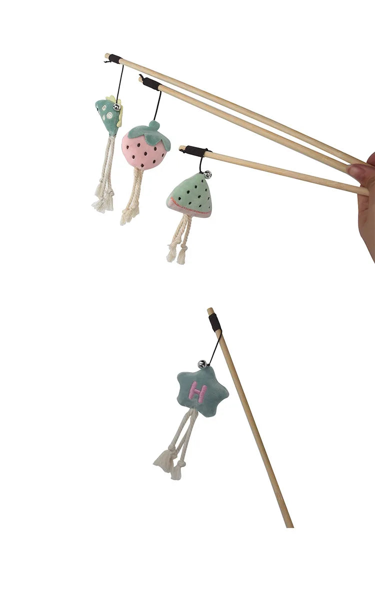Cat Toy Cat Teaser Sticks Wooden Rod Funny Cat Stick Light Color Plush Doll Elastic Rope With Bell Cat Self-hi Toy