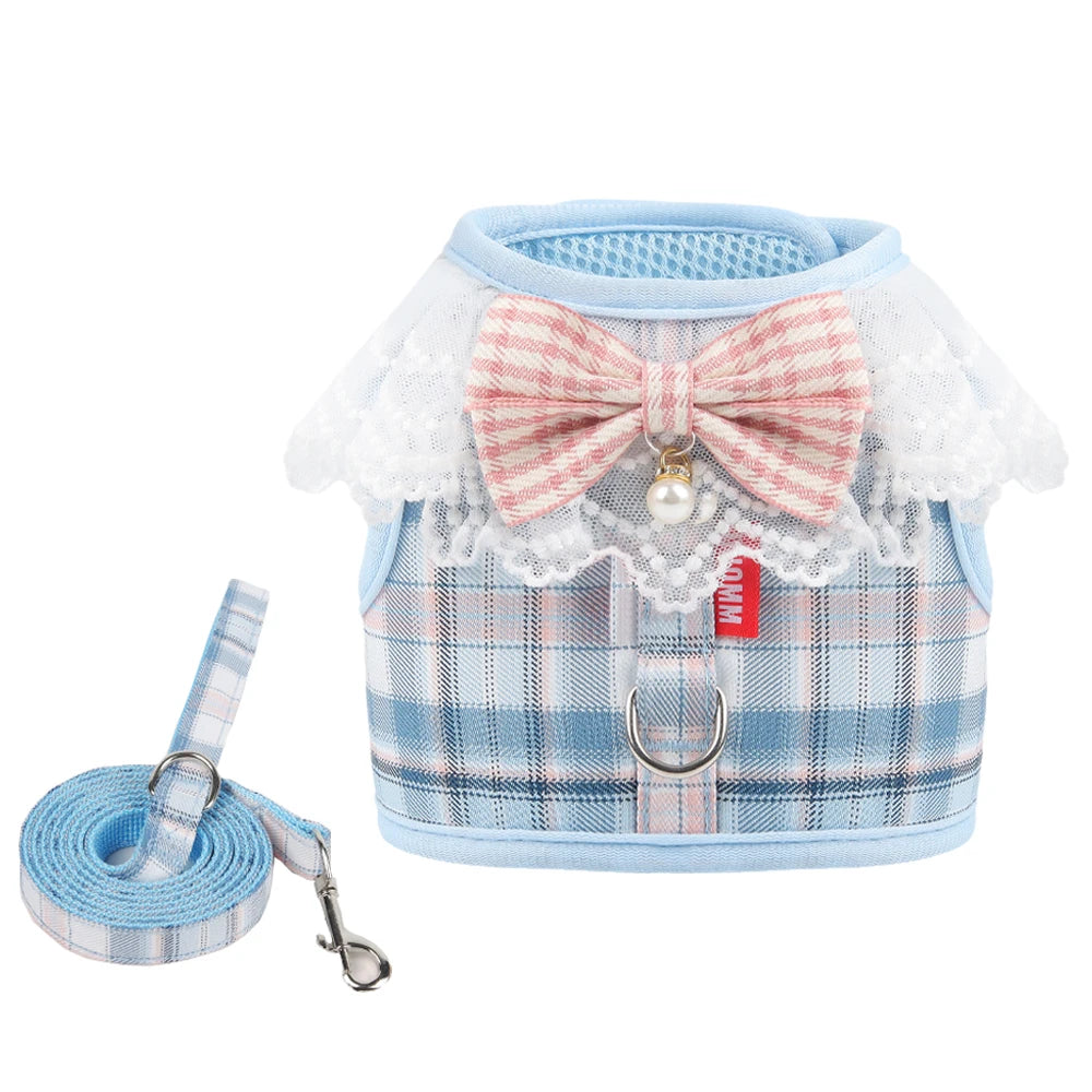 Sweet Plaid Puppy Dog Harness with Bow Walking Pet Harnesses and Leash Set for Small Dogs Schnauzer Poodle mascotas Accessories