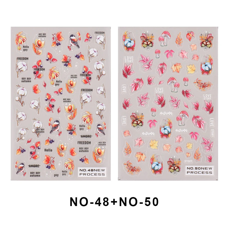 2pcs/set Autumn Maple Leaf Nail Art Sticker Bird Cotton Squirrel Mushroom Pumpkin Design Nail Decal Sliders Manicure Decoration