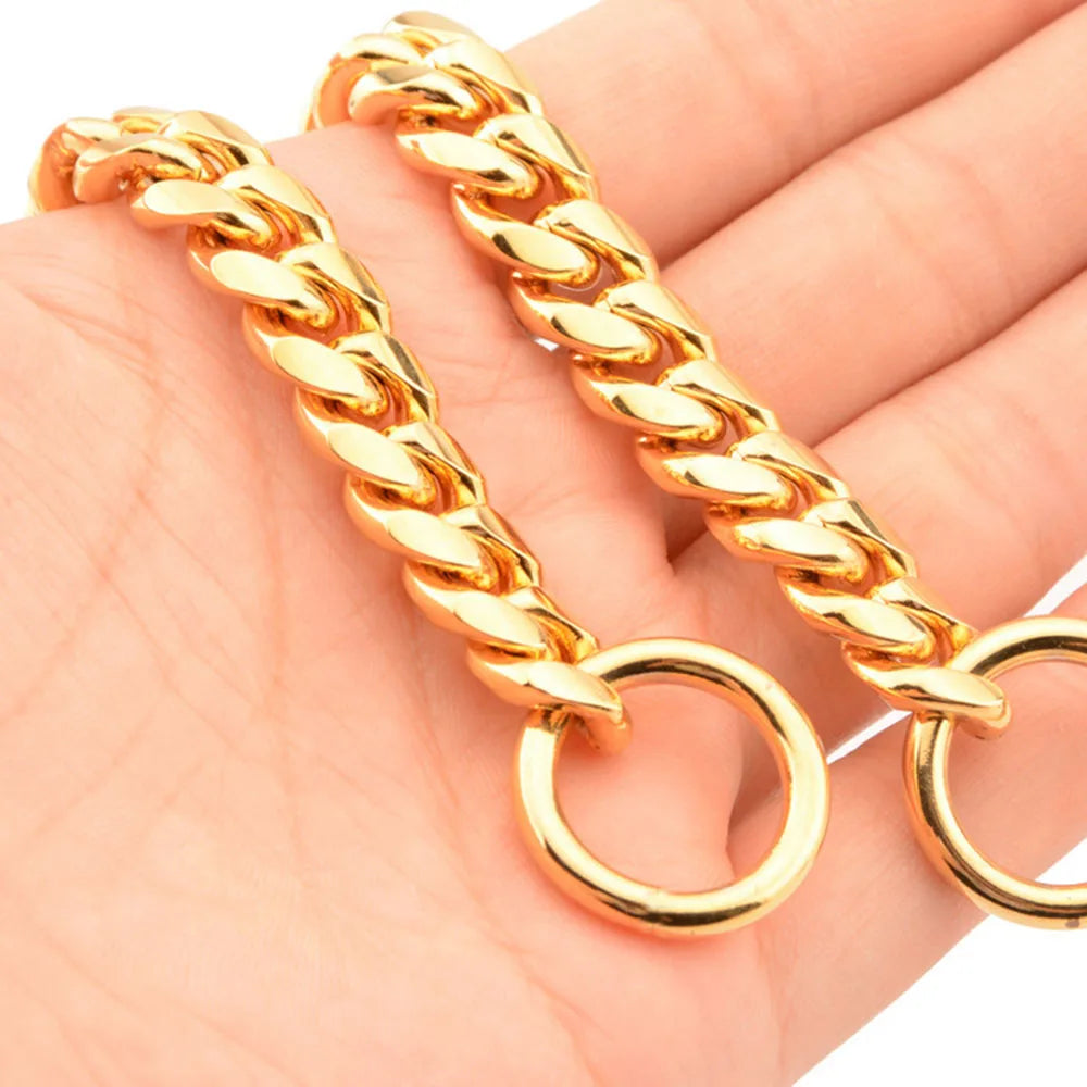 Gold Chain Dog Collar 10mm Fashion Dog Cuban Link Pet Gold Necklace Metal Puppy Jewelry Bulldog P Chain Pet Training Slip Collar