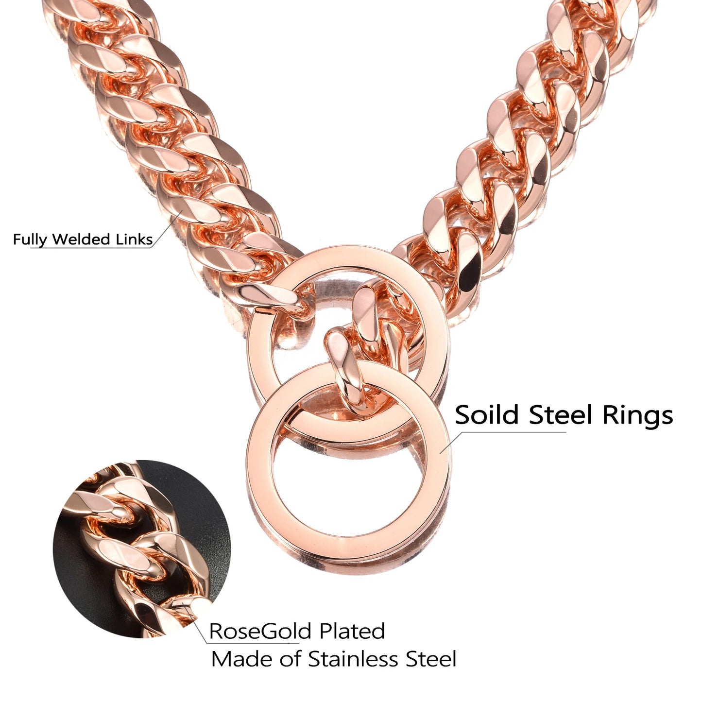 Stainless Steel Dog Chain Collar, Rose Gold Pet Necklace, Strong P Chain Choker for Small and Big Dogs, 15mm Width