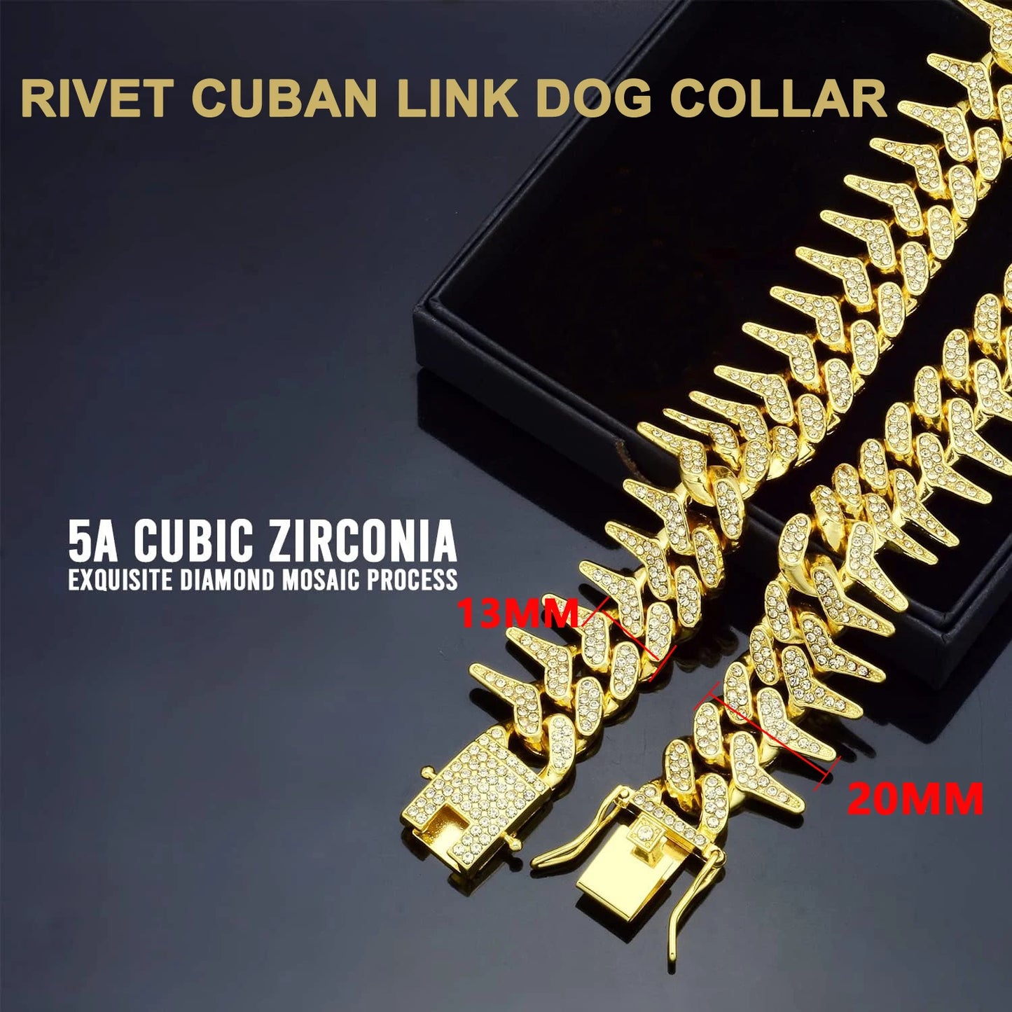 13mm Bling Diamond Chain Dog Cat Collar with Spiked Rivet Design, Luxury Gold Cuban Link Dog Collar for Small Medium Large Dogs