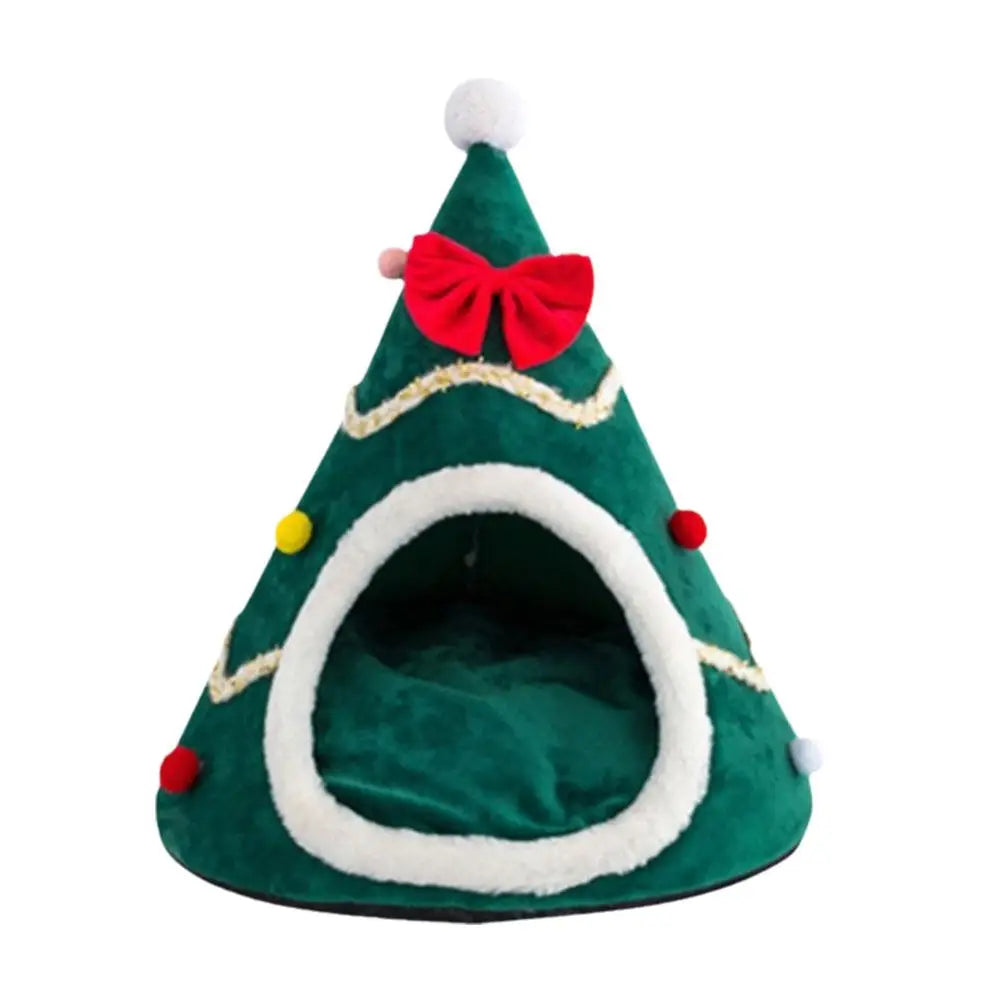 Christmas Hat Shape Creative Pet Bed Soft Plush Winter Semi-enclosed Cute Cat And Dog Bed Warm Comfortable 45cm Mini Bed Tent