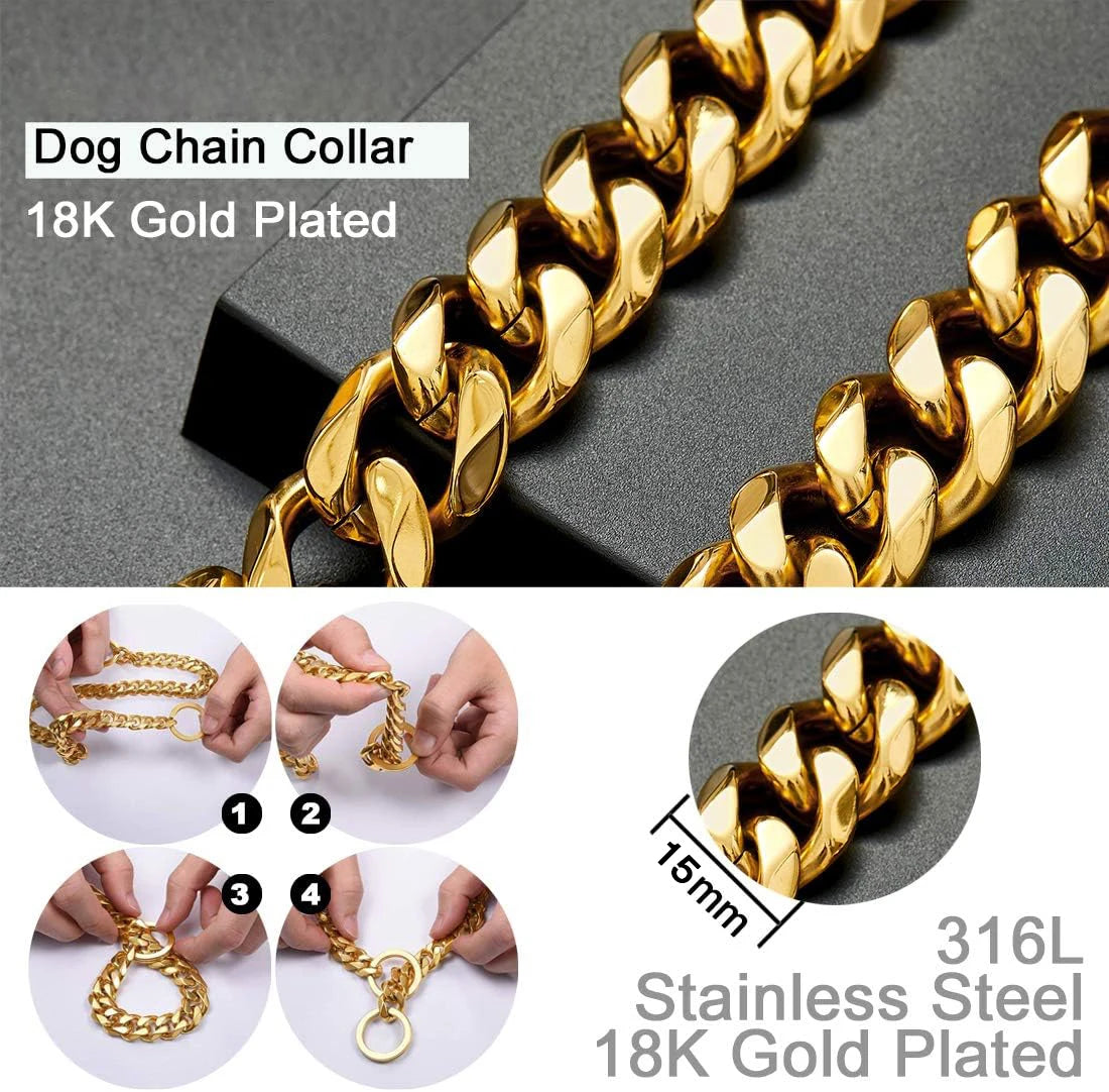 Gold Dog Chain Collar, Large Metal Dog, Medium Link Link, Small Steel, Cuban, Walking, Training