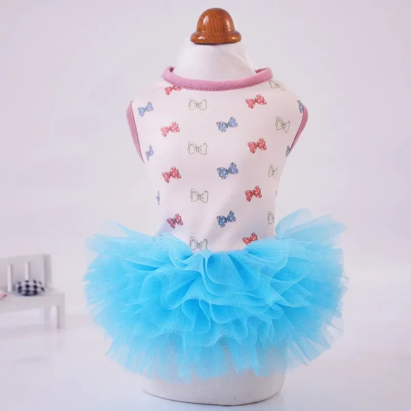 2024 Hot Pet Summer Tutu Skirt Bow Printed Mesh Fashion Petticoat Skirt Small Dog costume Teddy Summer Two Legged Clothes Thin