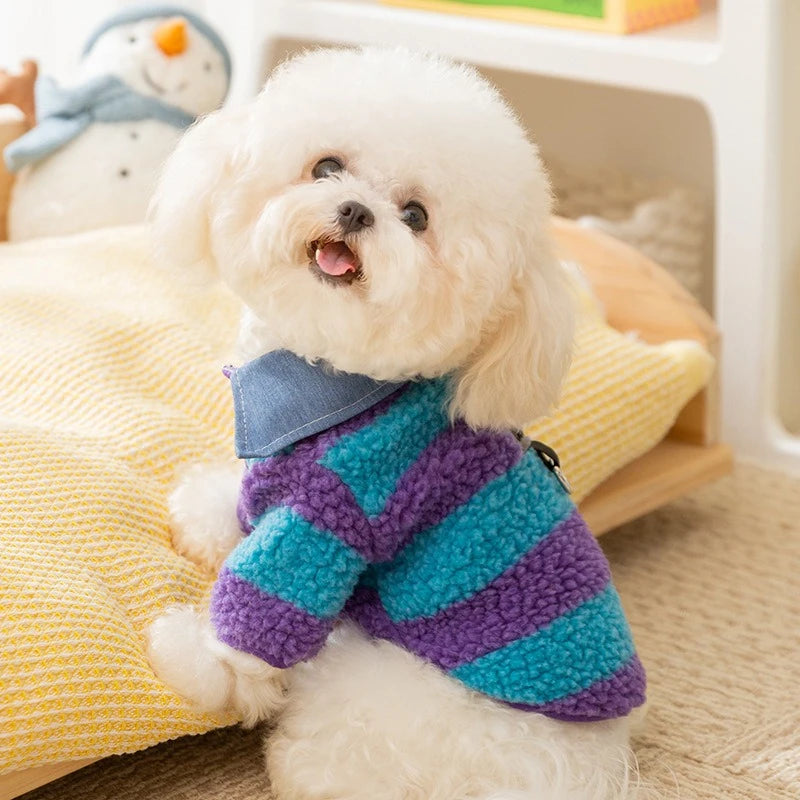 Velvet Warm Pet Cat Sweatshirts Chihuahua Half Sleeve Denim Collar Designer Striped Puppy Winter Clothes Soft Overalls for Yorks