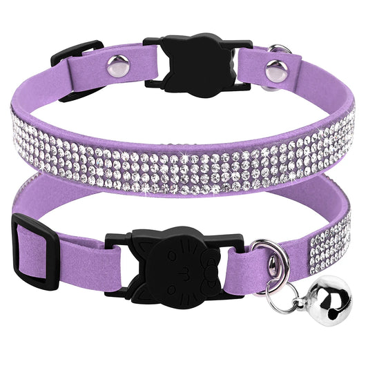 Suede Leather Cat Collar Bling Rhinestone Cats Collars with Bell Safety Breakaway Pet Puppy Necklace Adjustable XS S Pink Soft