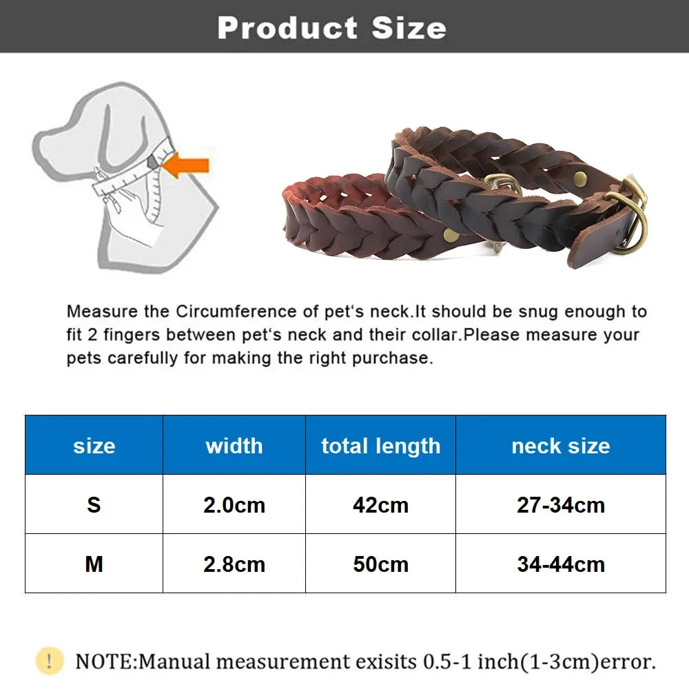 Soft Genuine Leather Braided Dog Collar Adjustable Brown Leather Dog Collar Strong and Durable for Pet Puppy Pug French Bulldog