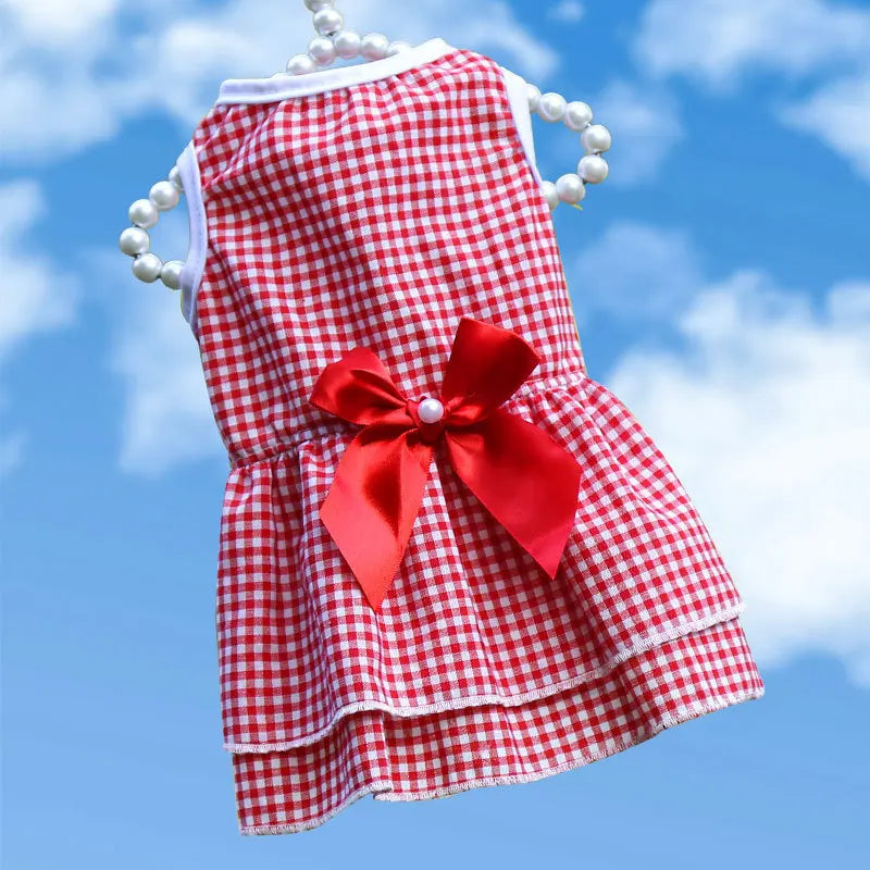 Bow Tie Decorate Dog Fancy Dress Stripes and Lattice Pink Pet Skirt Sleeveless Girl Wedding Party Pet Skirt Clothing for Cats