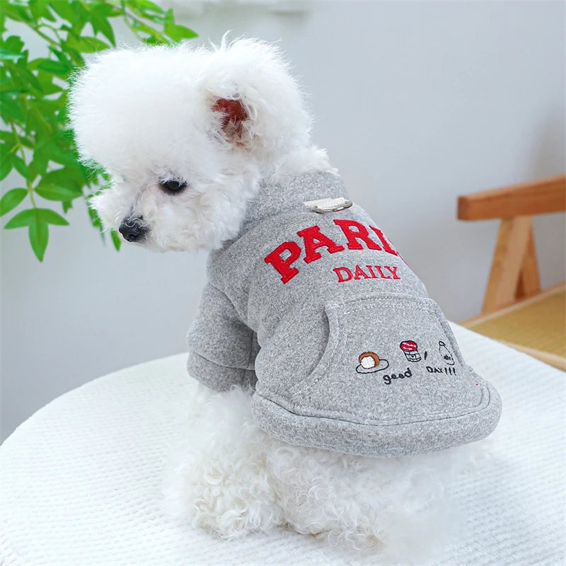 Embroidery Paris Pet Cat Sweatshirt for French Bulldog Warm Fleece Small Medium Dog Clothing New Year Winter Red Puppy Overalls