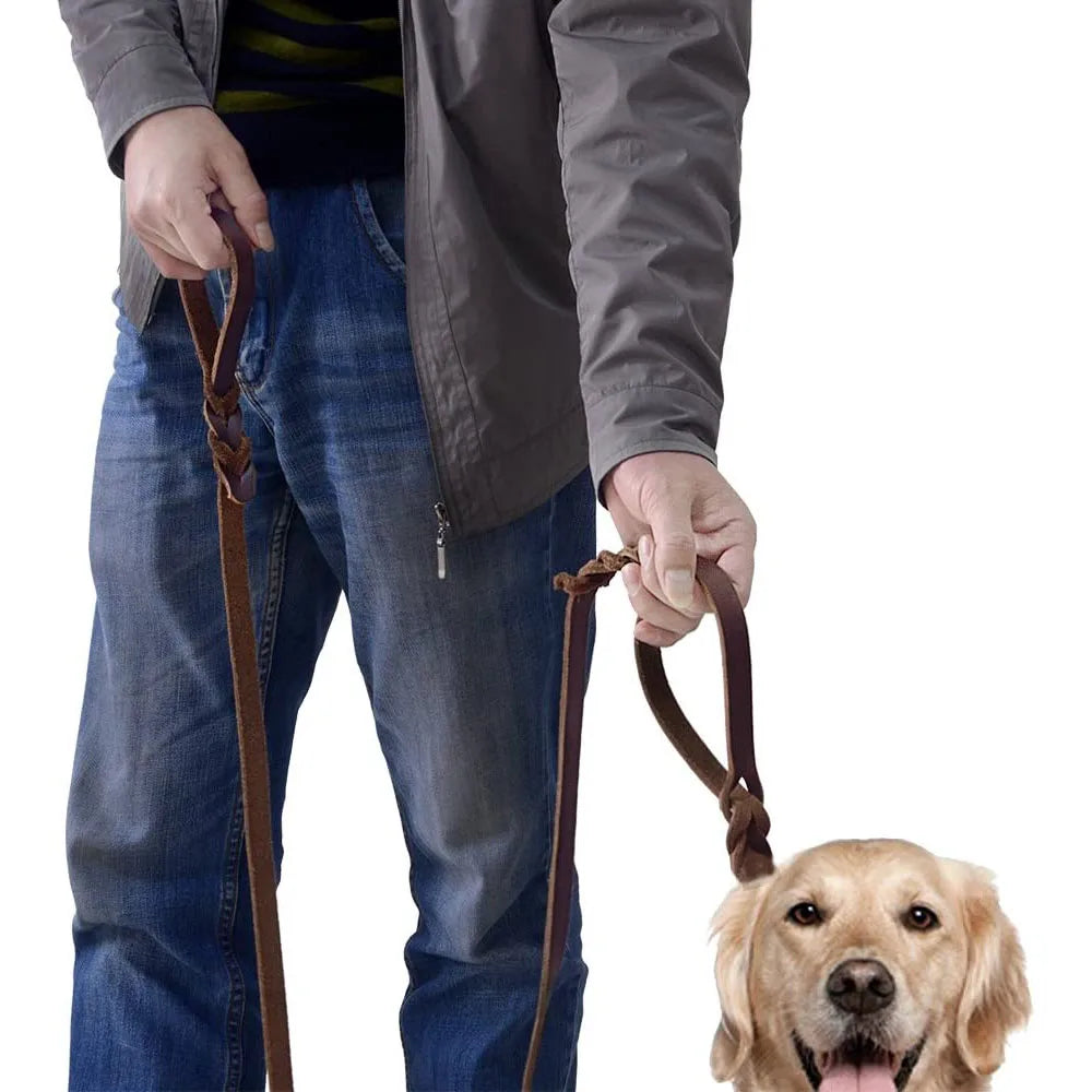 Braided Leather Dog Leash with Traffic Handle Two Handles Leather Dog Leash Leads for Training Bulldog Pit-bull Pet Dog Supplies