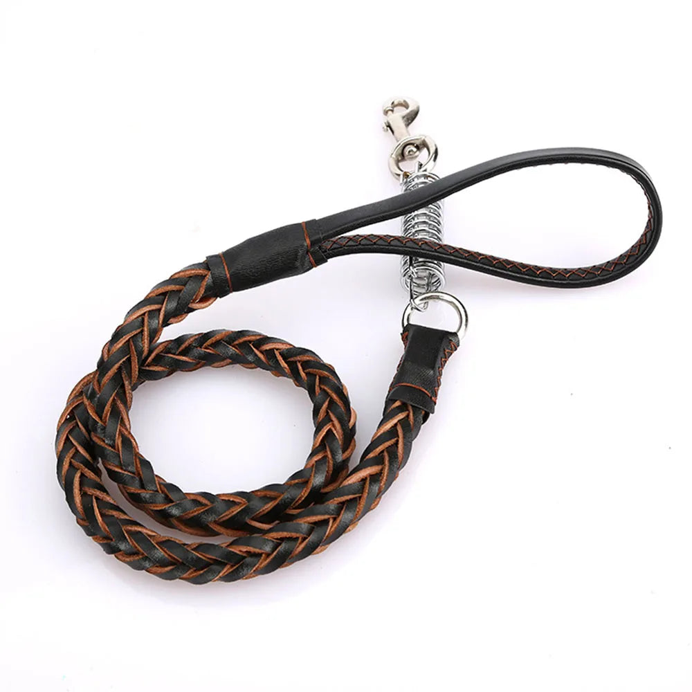 No Pull Leather Dog Leash Durable Cowhide Braided Dog Leash Buffer Spring Design for Training Walking Large and Medium Dogs Pets