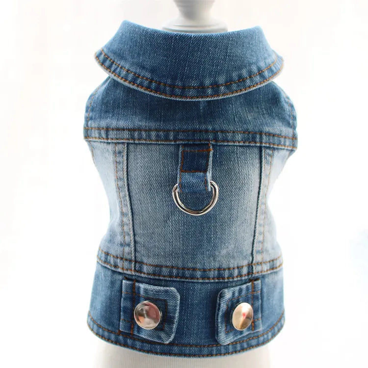 Dark Washed Dog Denim Jacket for Small Medium Dogs, Puppy Sleeveless Jeans Coat with D Ring Chihuahua Yorkie Clothes Pet Apparel