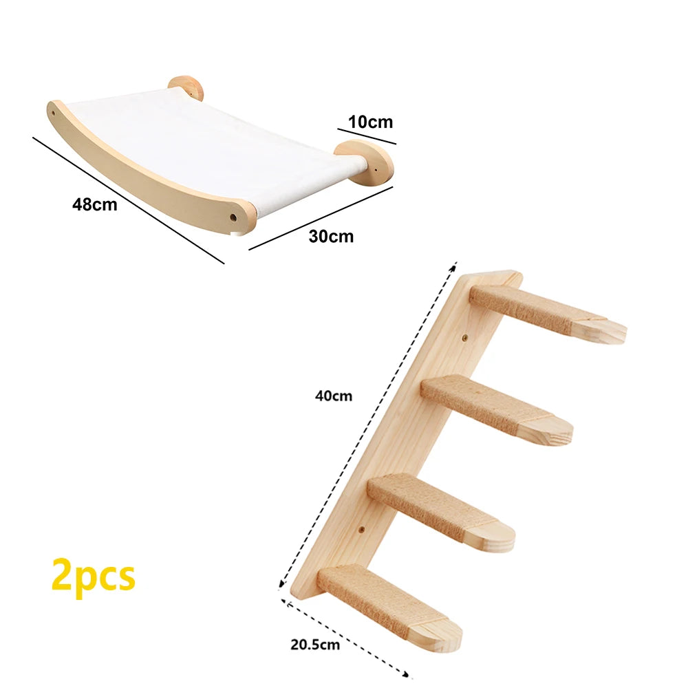 Cat Wall Mounted Wooden Shelves Platform and Hammock for Cats Sleeping and Scratching Post for Cats Grinding Claws Pet Furniture
