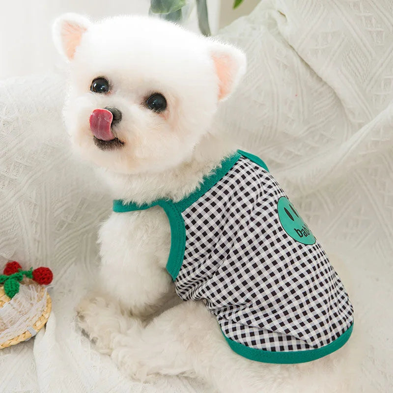 Summer Suspenders Dog Clothes Cute Smile Plaid Dog Vest Pet T-Shirt Chihuahua Pug Bichon 2024 Puppy Apparel Girls Dog Shirt