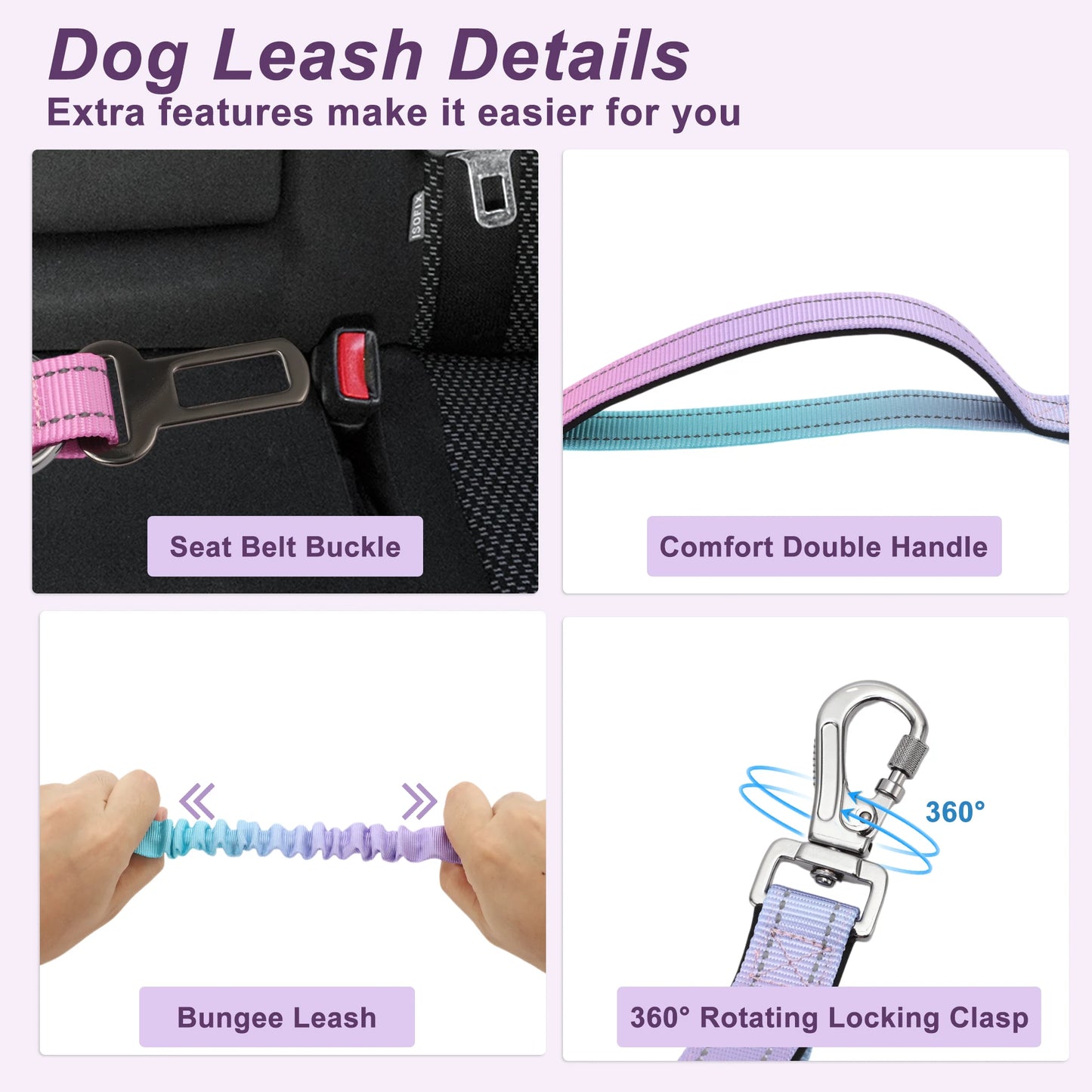 UXCELL Fashion Hands Free Dog Leash No Pull Bungee Dog Leash With Car Seatbelt for Dog Outdoor Walking Dog Leads