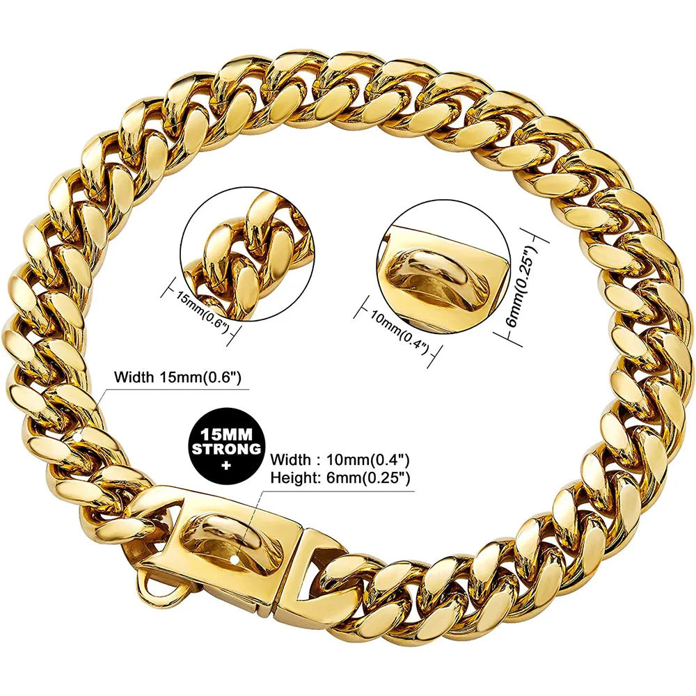 Gold Dog Chain Collar 15mm Stainless Steel Cuban Link Chain Strong Heavy Duty Chew Proof Dog Necklace with Buckle for Dogs