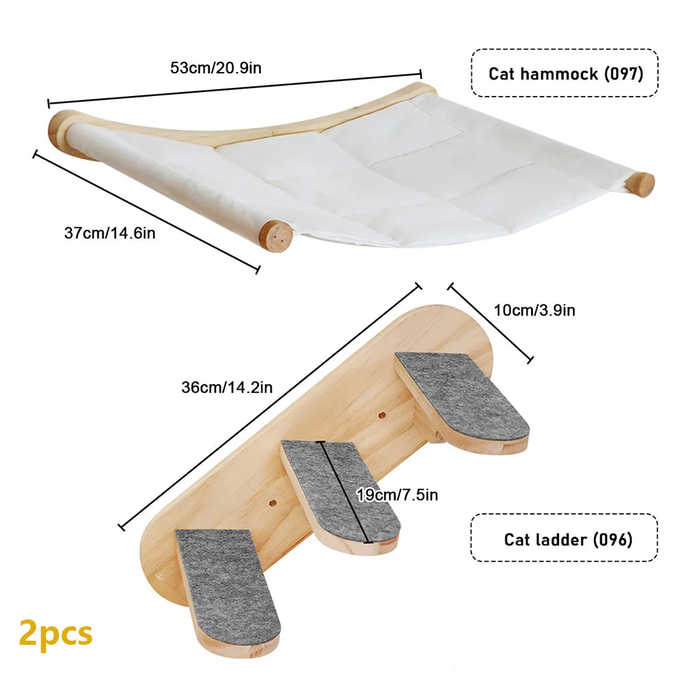 Cat Wall Mounted Shelf Furniture Wooden Cat Bed and Scratcher Post with Climbing Ladder Widen Steps for Kitten Play and Rest