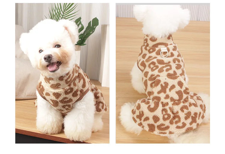 Leopard Dog Sweater Dress Fleece Puppy Dresses for Small Dogs Girl Cat Skirt Apparel Winter Warm Dog Clothes