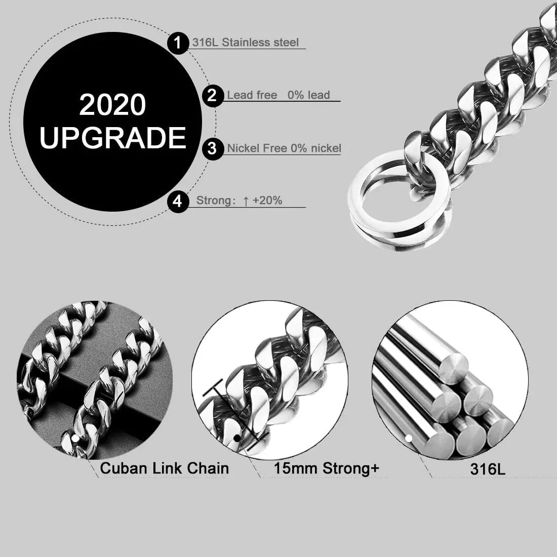 Strong Choke Chain Dog Collar Luxury 15MM 18K Gold Stainless Steel Cuban Link Metal Necklace for Small Medium Large Dogs Pitbull