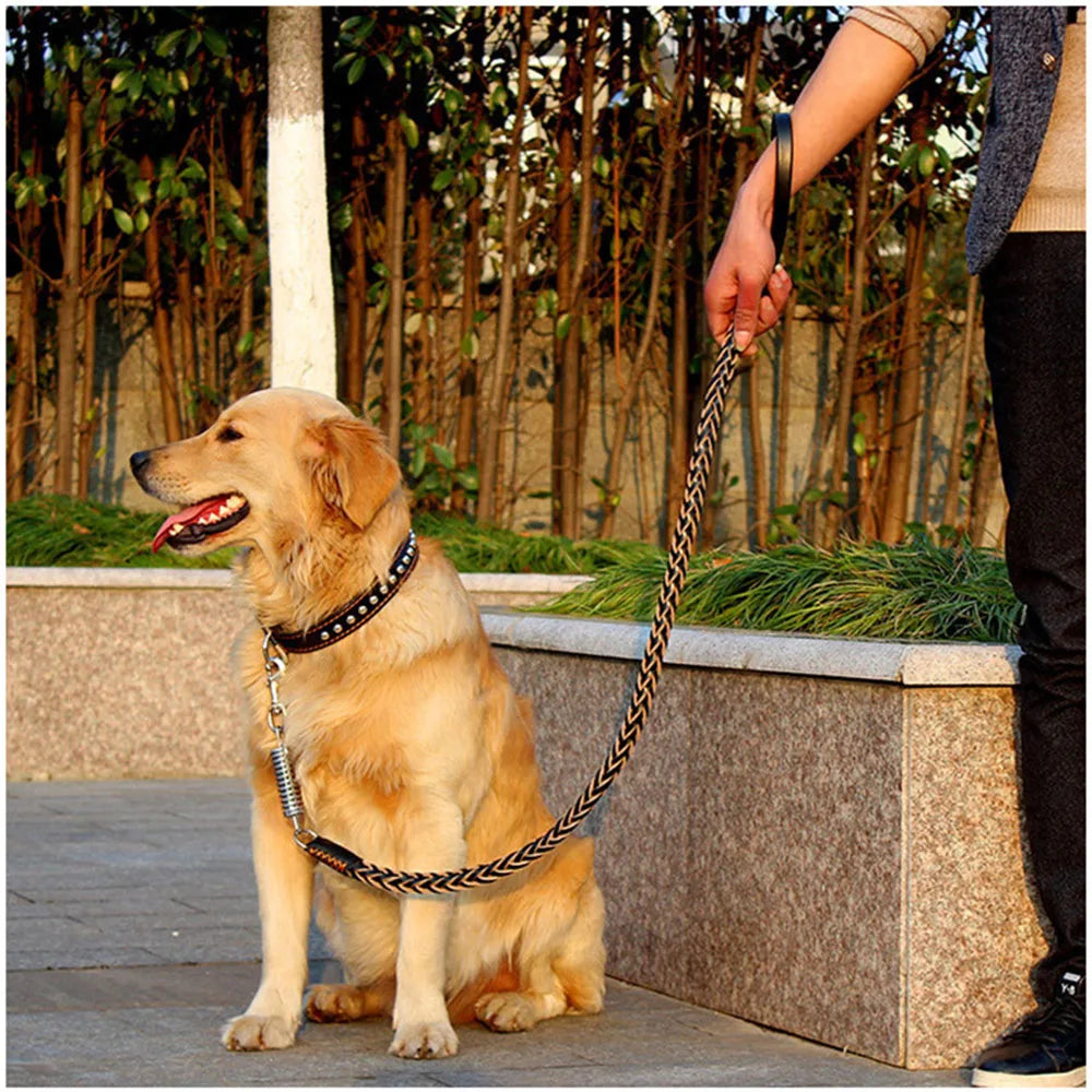 No Pull Leather Dog Leash Durable Cowhide Braided Dog Leash Buffer Spring Design for Training Walking Large and Medium Dogs Pets