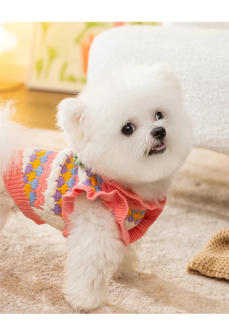 Knitted Flower Pet Dog Sweaters Orange Winter Warm New Year Clothing for French Bulldog Outfits Fancy Small Puppy Overalls