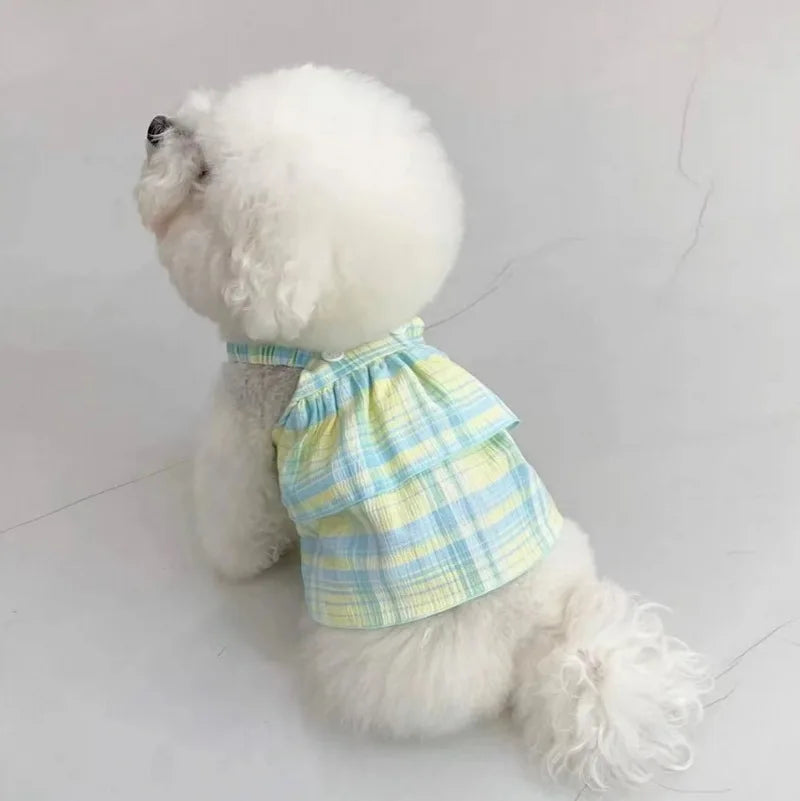 Layered Fancy Dress for Dogs Summer Vest One Piece Puppy Spring Clothes Chihuahua Light Purple Plaid Long Pet Skirt Cat Clothing