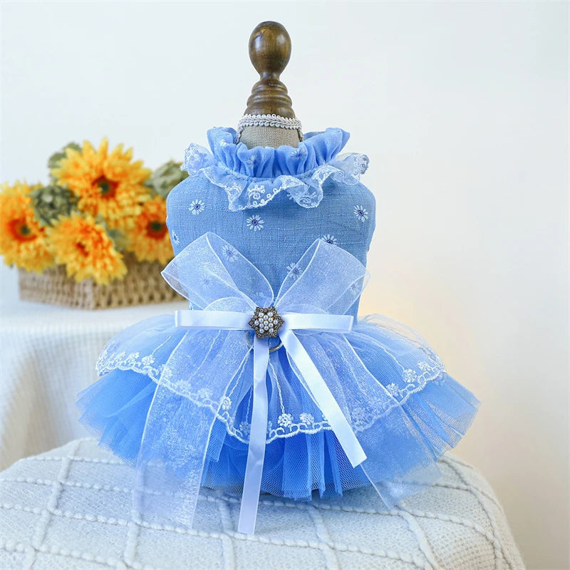 Sweet Princess Female Puppy Summer Clothes Wedding Party Dress for Dogs White Lace French Bulldog Small Medium Pet Cat Clothing