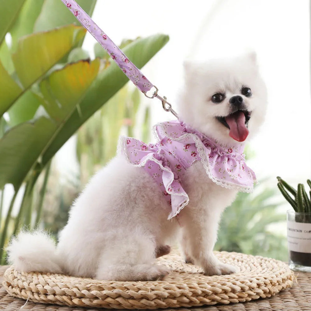 Pink Flower Puppy Harness Mesh Breathable Small Girl Dog Cat Vest Harness Cute Doggy Lace Dress Harness with Leash for Walking