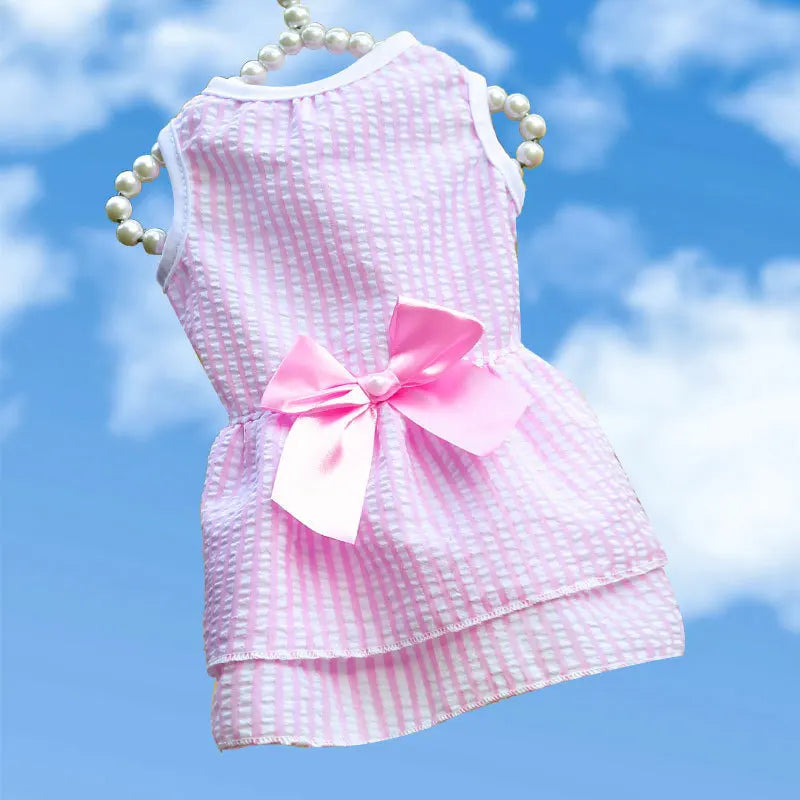 Bow Tie Decorate Dog Fancy Dress Stripes and Lattice Pink Pet Skirt Sleeveless Girl Wedding Party Pet Skirt Clothing for Cats