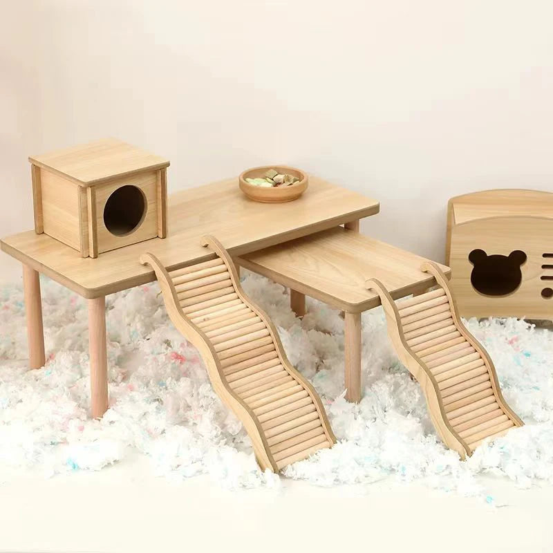 Smooth Hamster Hideaway Wooden Hamster House with Climbing Ladder Small Pet Castle Arch Bridge for Dwarf Mice Gerbils Small Pets