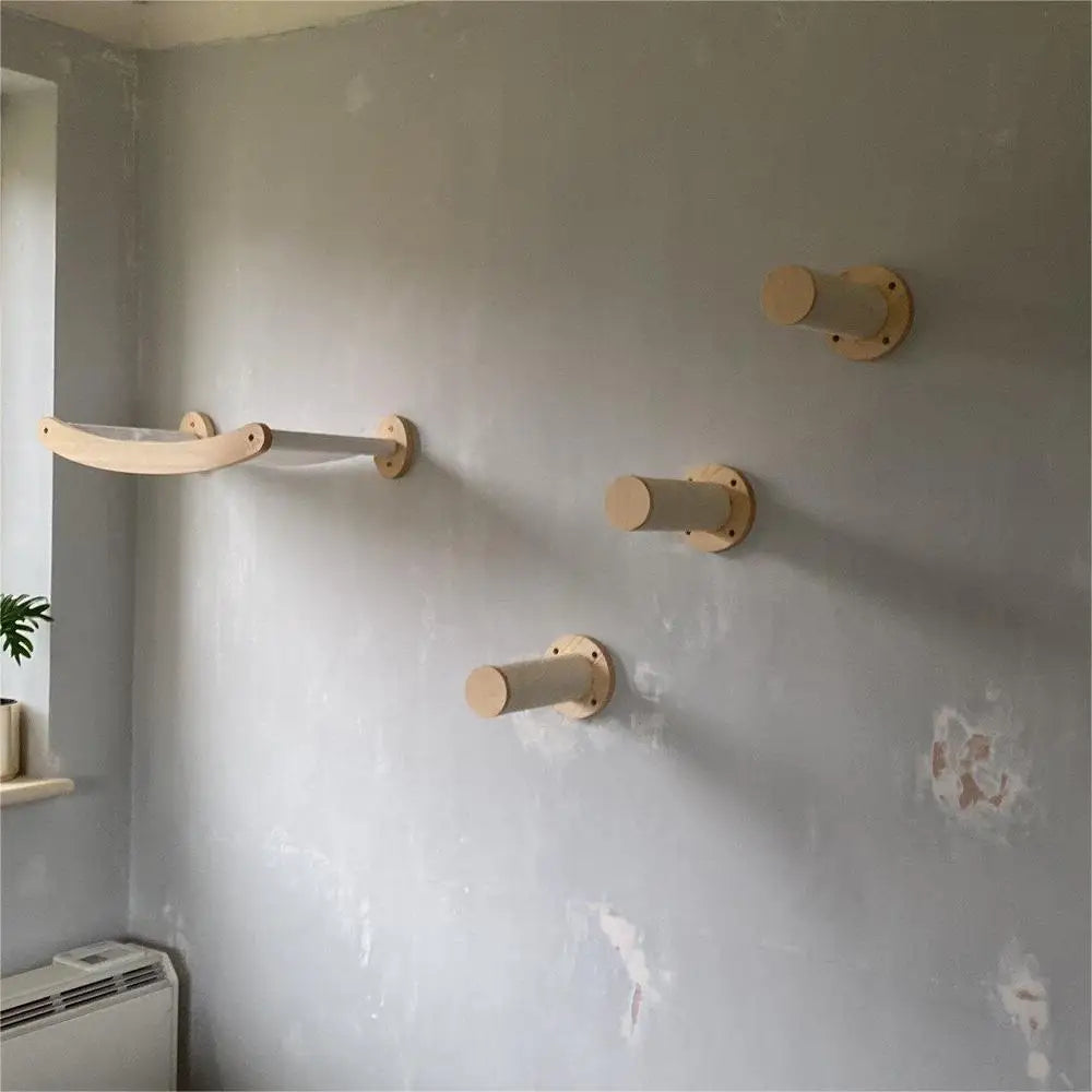 Cat Wall Climbing Shelves Wall Mounted Hammock Cat Scratching Post Wooden Stairway Shelves with Sisal Rope Ladder Wall Cat Tree