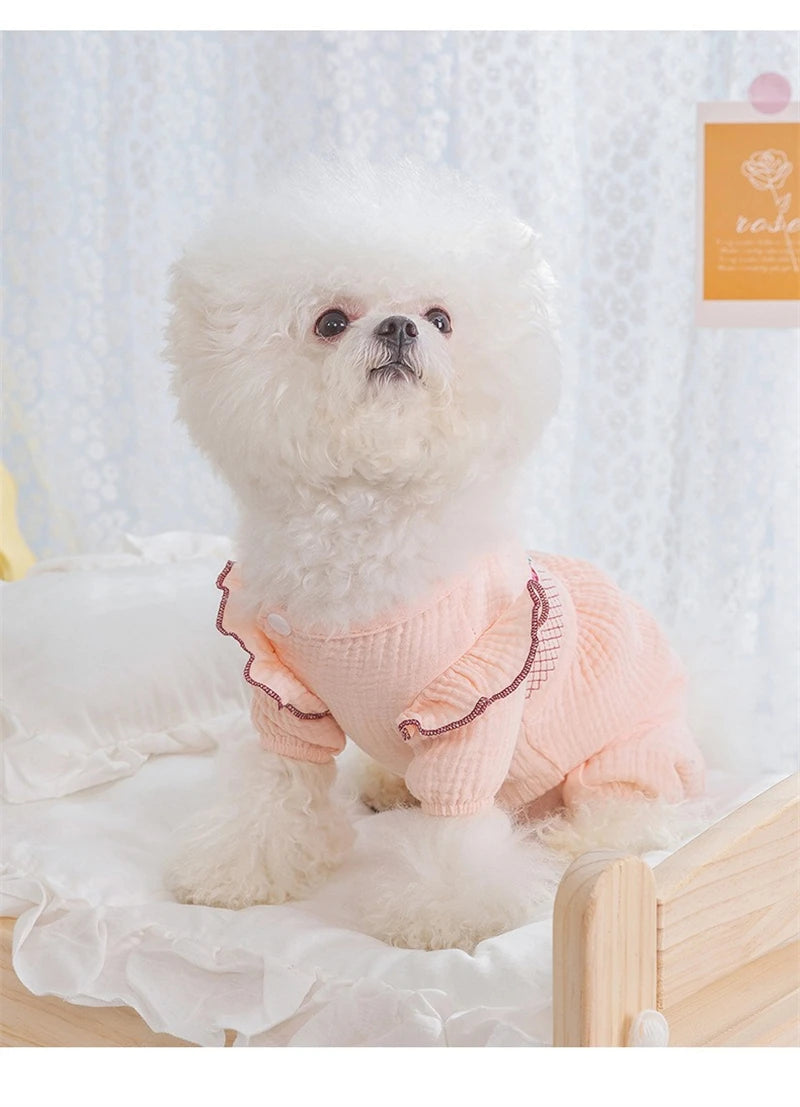 Embroidery Pink Floral Overalls for Dogs Spring Summer Protective Pet Cat T Shirt Female Pure Cotton Chihuahua Small Dog Clothes