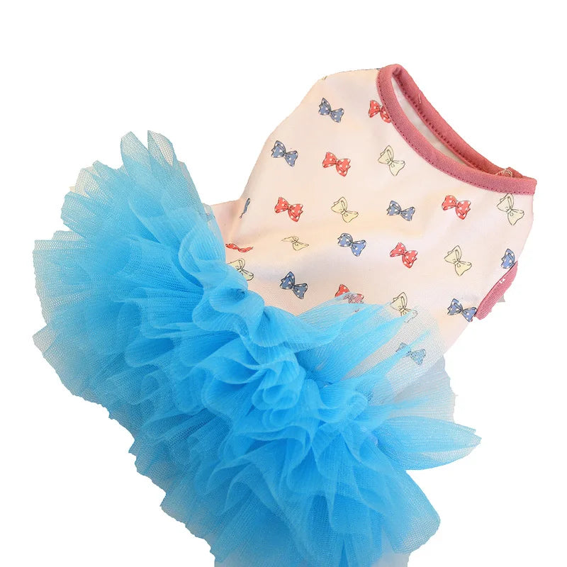 2024 Hot Pet Summer Tutu Skirt Bow Printed Mesh Fashion Petticoat Skirt Small Dog costume Teddy Summer Two Legged Clothes Thin