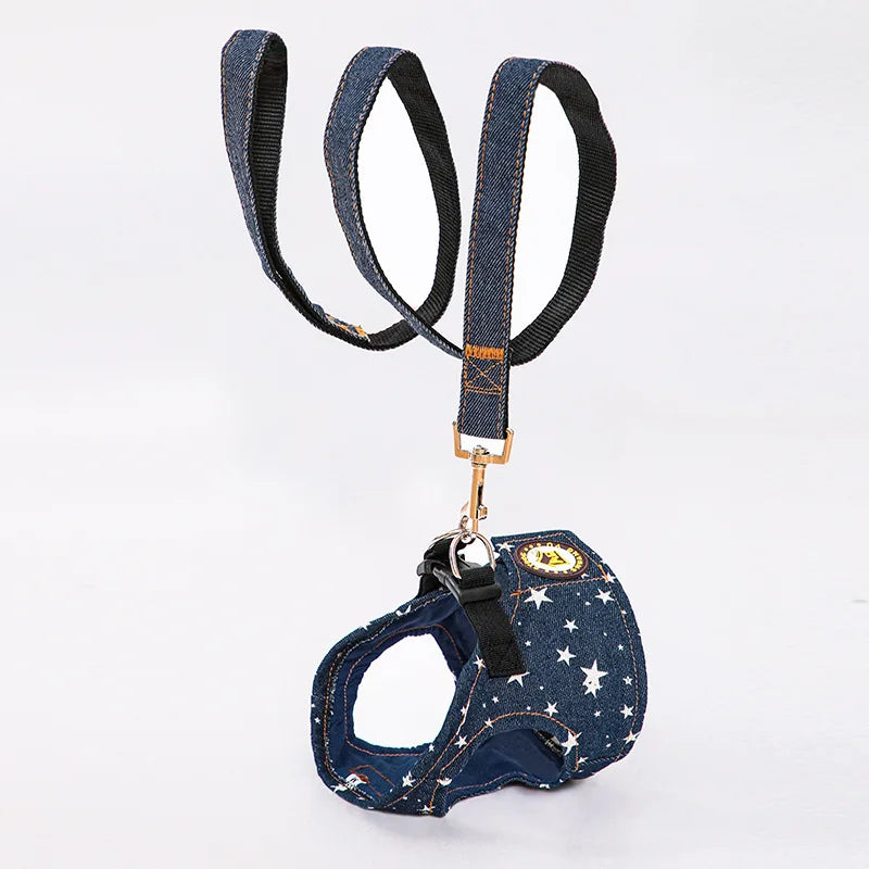Durable Dog Denim Harness and Leash Set, Adjustable Step in Lightweight Pet Jeans Vest Harness for Small Medium Dogs Bulldog
