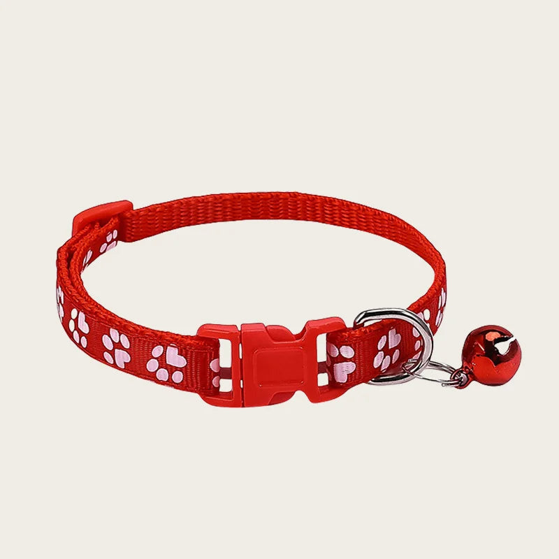 1pcs Pet Collar with Bell for Kitten Puppie Small Animal Adjustable Nylon Collar with Cute Paw Print Pattern Guinea Pig Collar