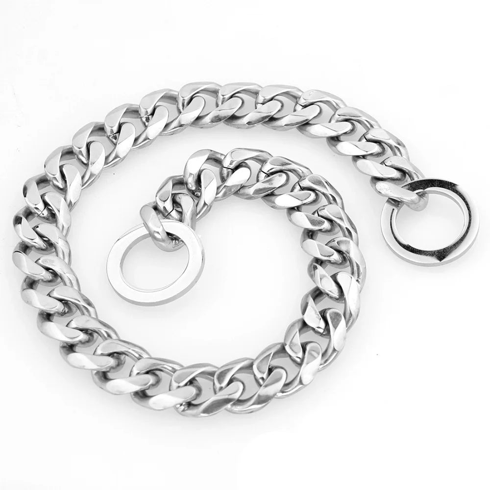 Dog Chain Collar Silvery Golden 15MM Width Cuban Link Chain for Dogs Strong Smooth Stainless Steel Metal Pet Training Slip Chain